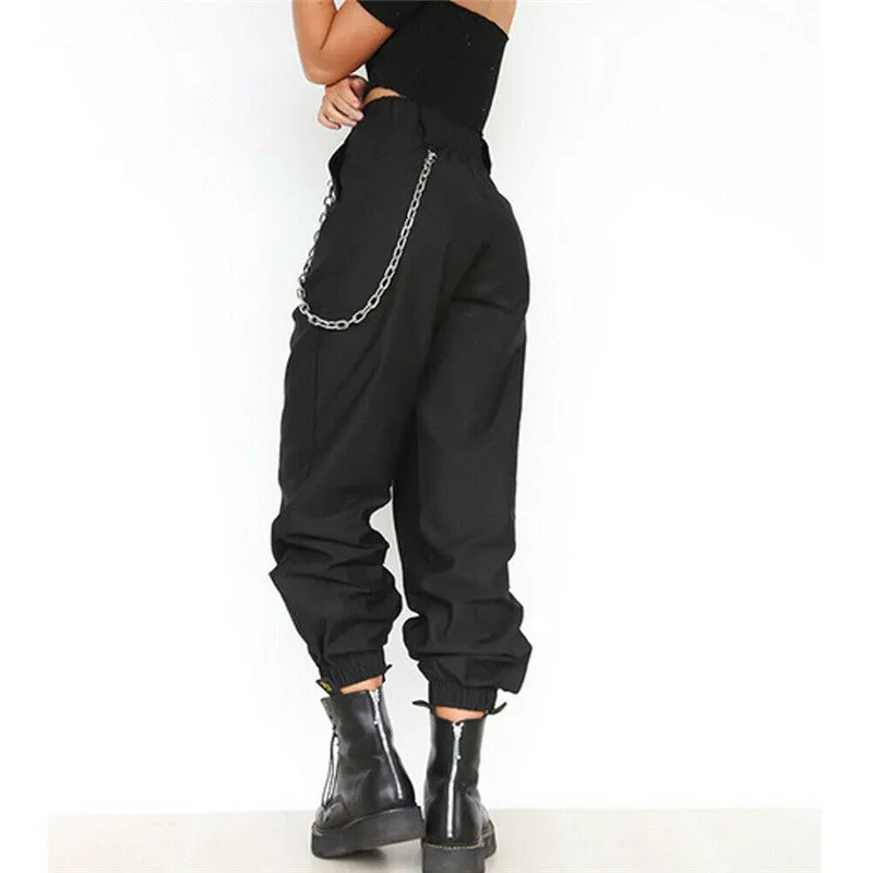 Cool High Waist Plain Chain Pockets Pants