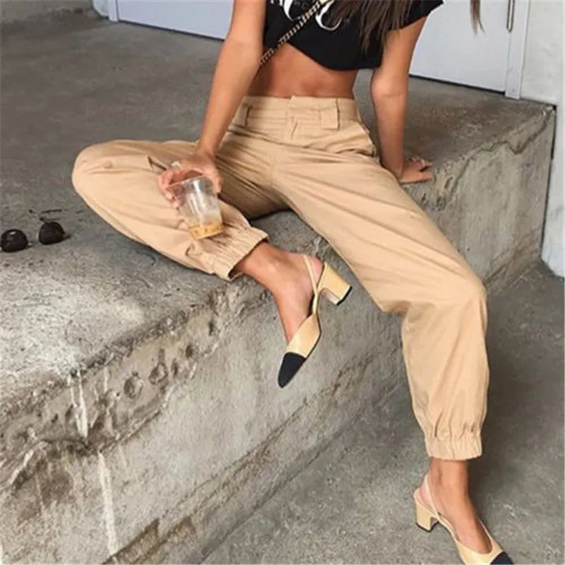 Cool High Waist Plain Chain Pockets Pants