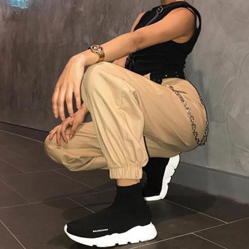 Cool High Waist Plain Chain Pockets Pants