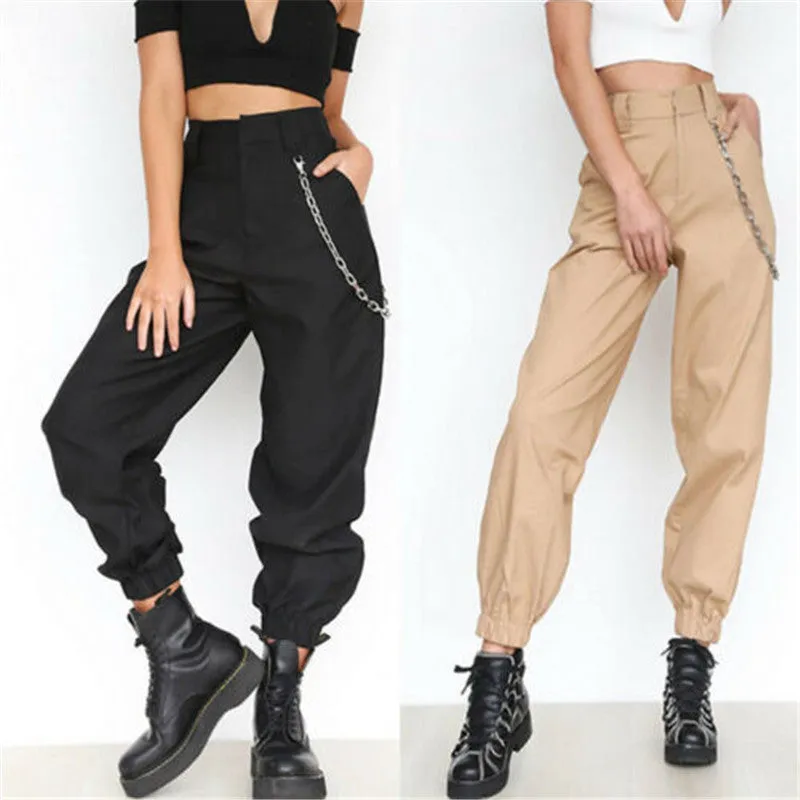 Cool High Waist Plain Chain Pockets Pants