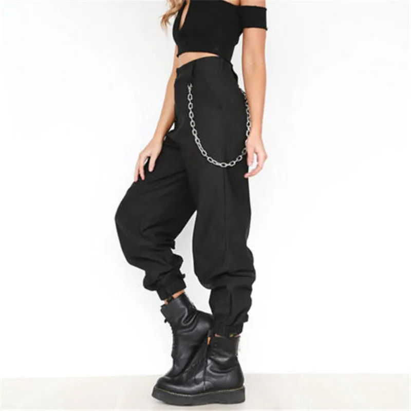 Cool High Waist Plain Chain Pockets Pants