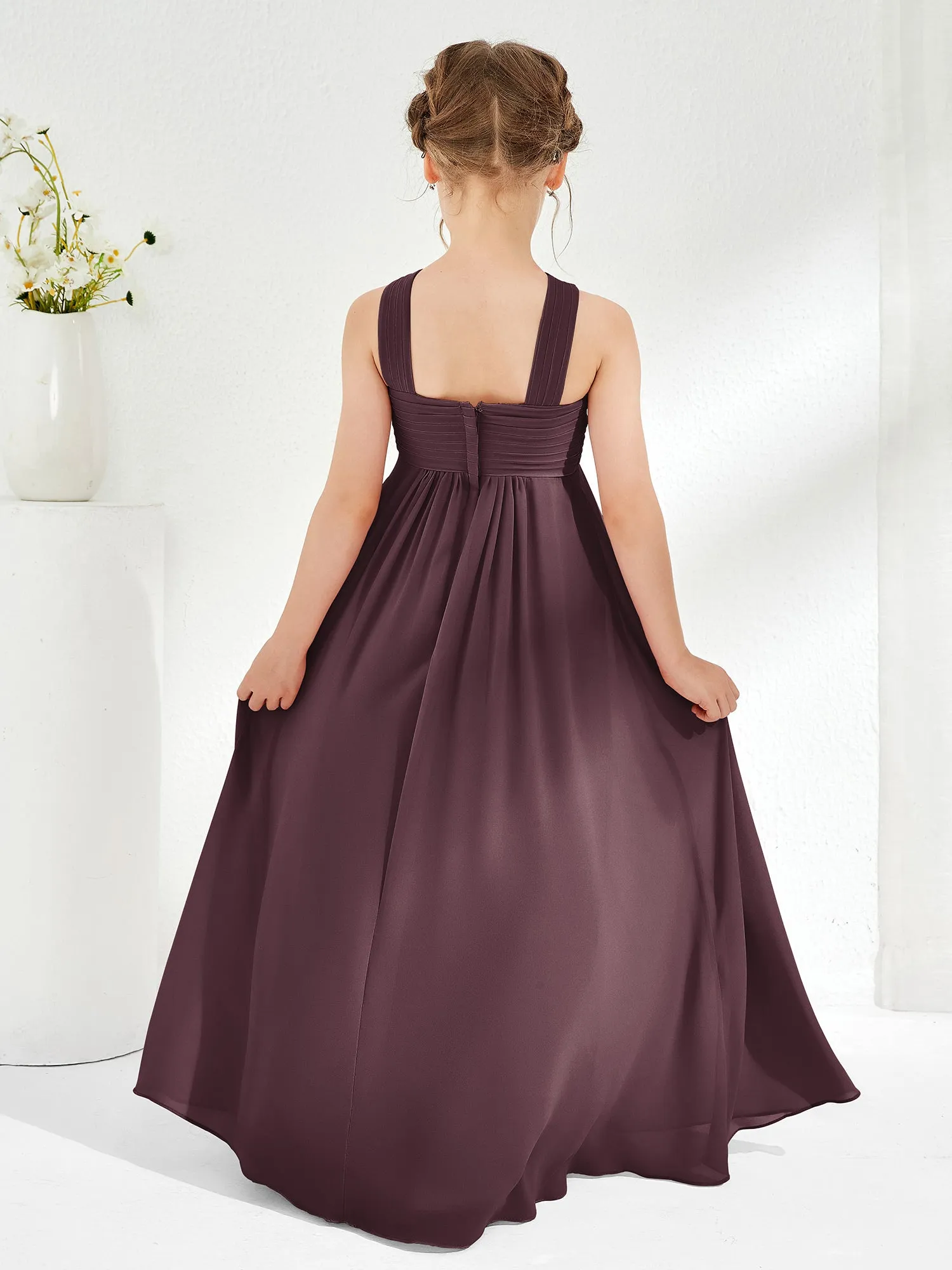 Cross Shoulder Strap Junior Bridesmaid Dresses with Empire Waist Cabernet