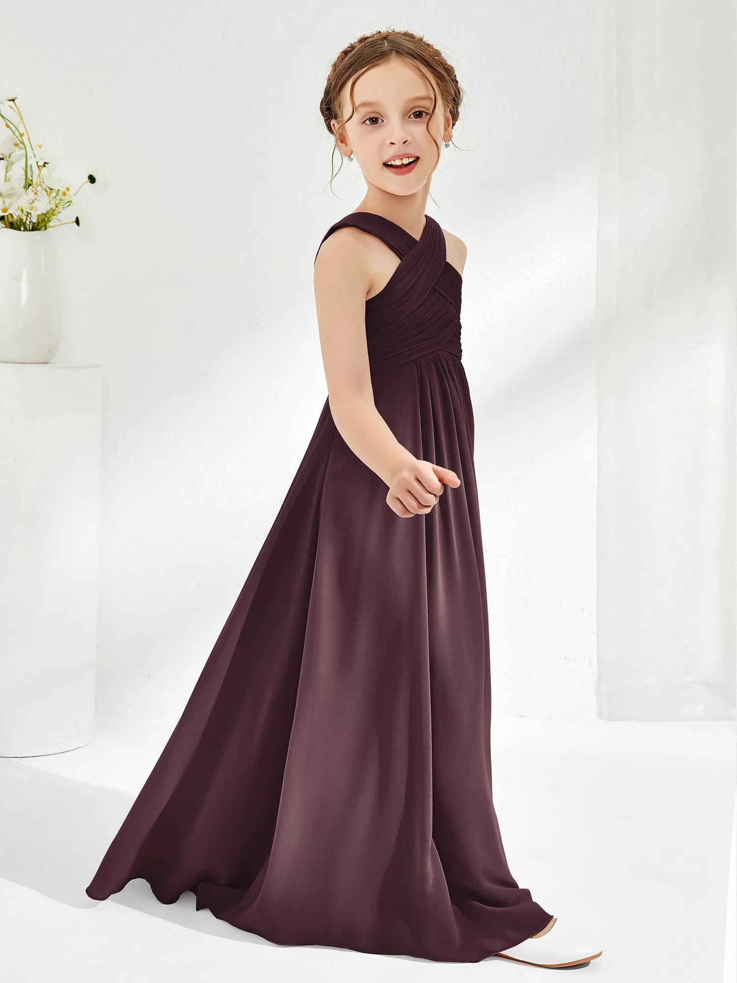 Cross Shoulder Strap Junior Bridesmaid Dresses with Empire Waist Cabernet