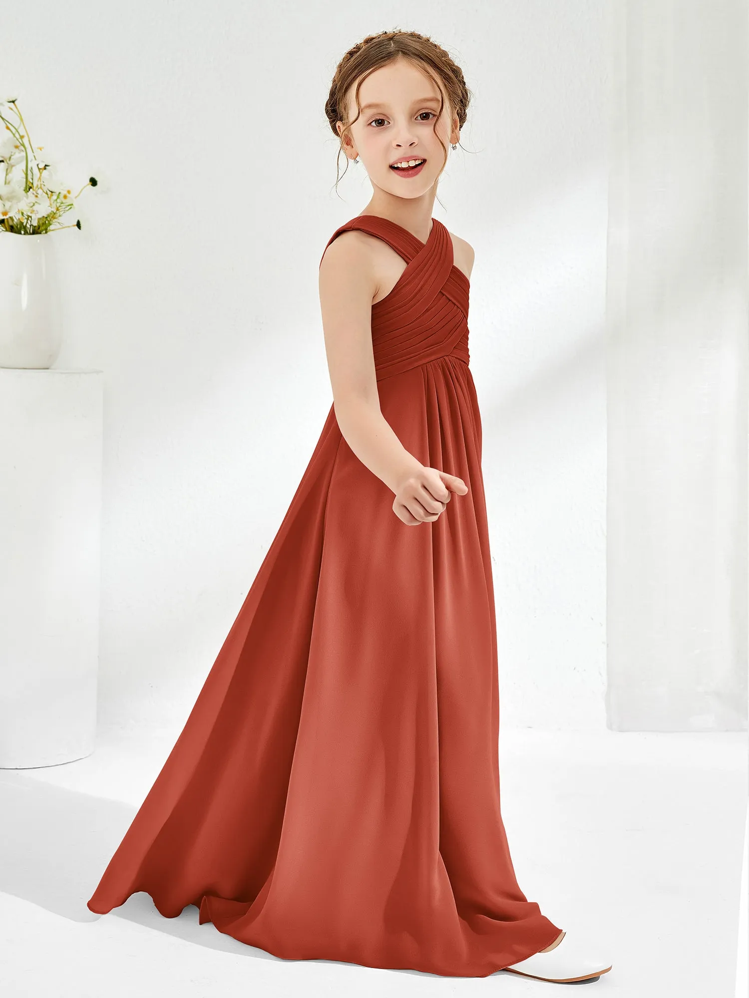 Cross Shoulder Strap Junior Bridesmaid Dresses with Empire Waist Rust