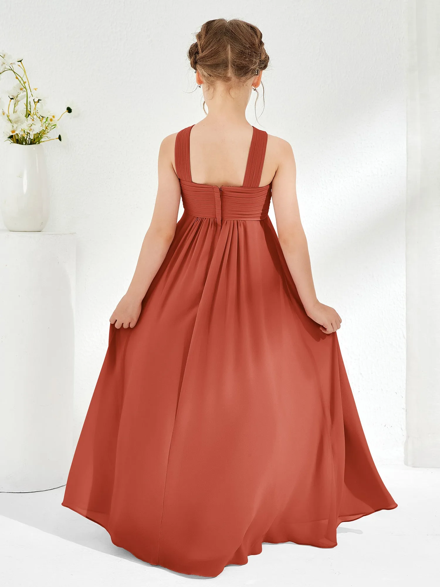 Cross Shoulder Strap Junior Bridesmaid Dresses with Empire Waist Rust