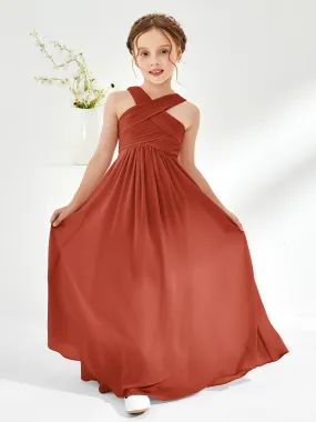 Cross Shoulder Strap Junior Bridesmaid Dresses with Empire Waist Rust