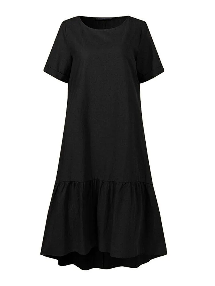 deanwangkt Cotton Women Solid Color Ruffles Round Neck Short Sleeve Casual Dresses