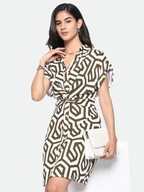 DL Woman Shirt Collar Regular Fit Printed Brown Dress