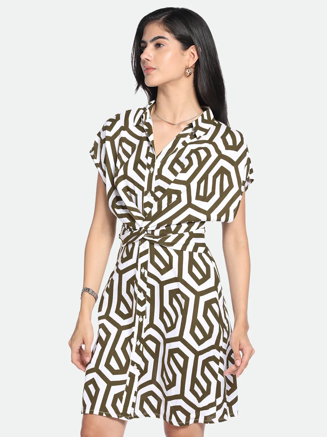 DL Woman Shirt Collar Regular Fit Printed Brown Dress