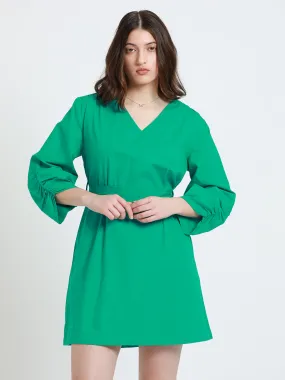 DL Woman V- Neck Regular Fit Solid Green A-Line Dress