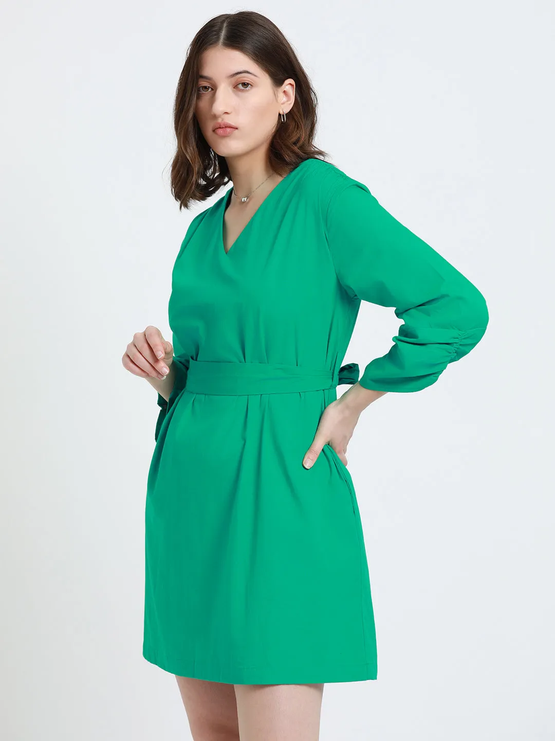 DL Woman V- Neck Regular Fit Solid Green A-Line Dress