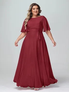 Flutter Sleeves Chiffon Max Dresses with Sash Bow-Burgundy Plus Size