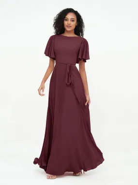 Flutter Sleeves Chiffon Max Dresses with Sash Bow-Cabernet