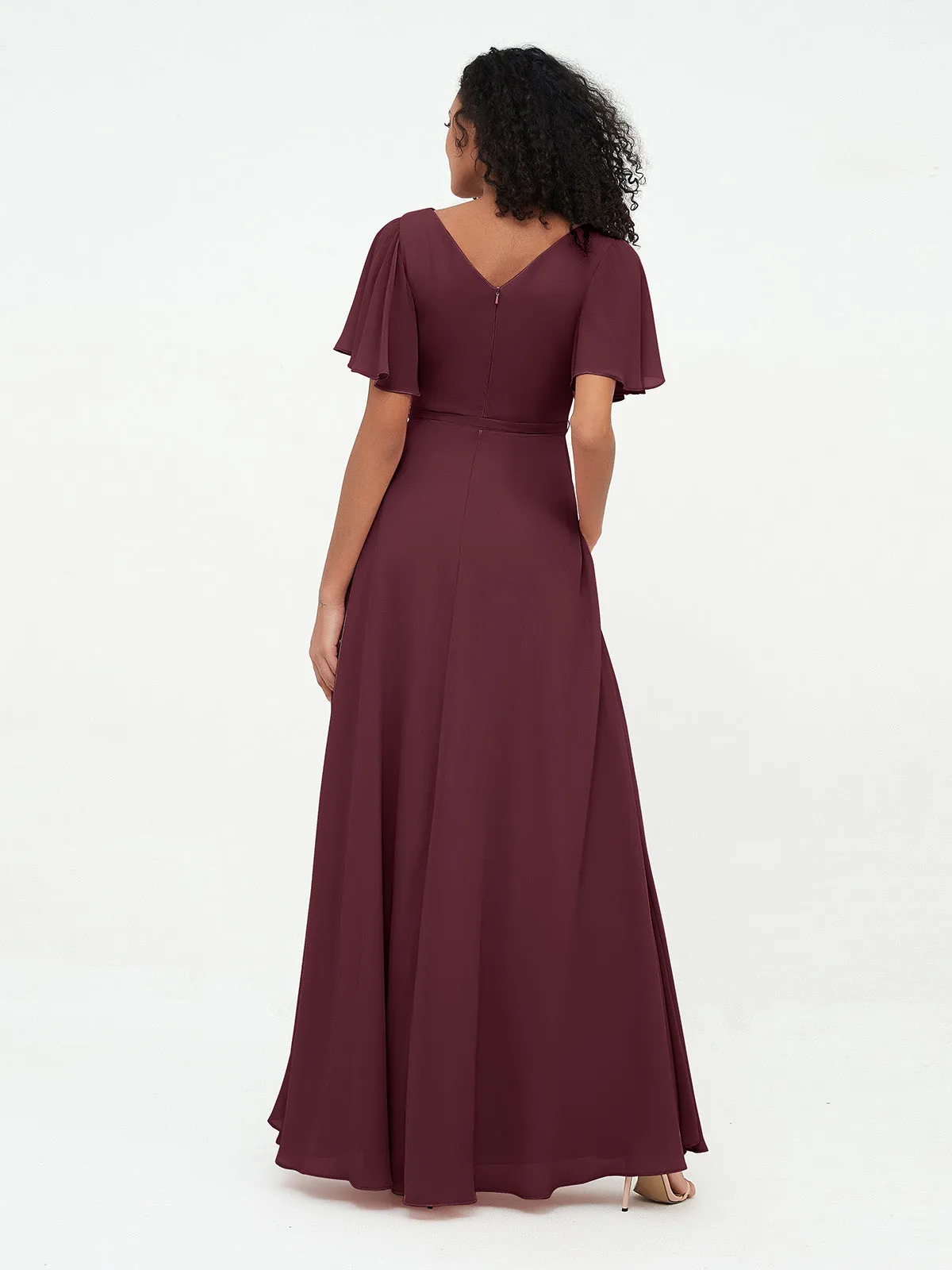 Flutter Sleeves Chiffon Max Dresses with Sash Bow-Cabernet