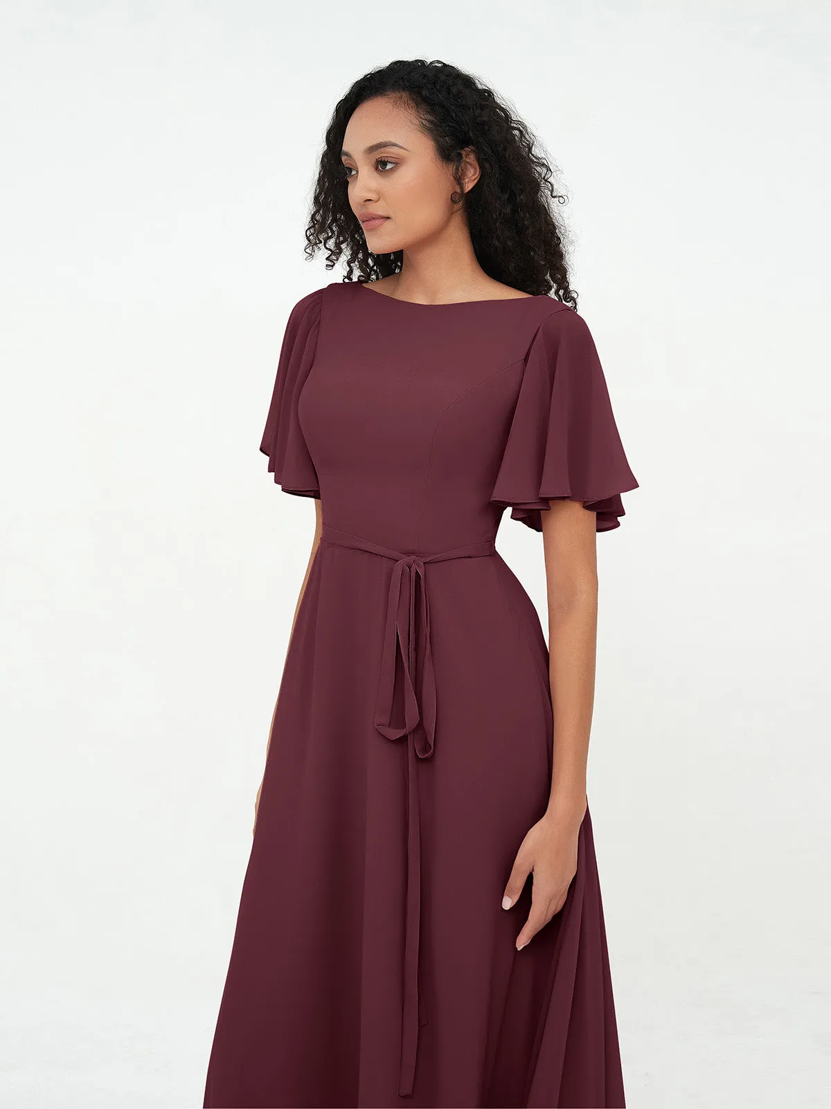 Flutter Sleeves Chiffon Max Dresses with Sash Bow-Cabernet