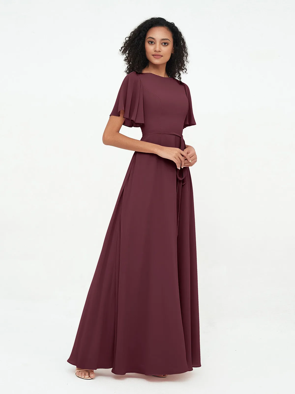 Flutter Sleeves Chiffon Max Dresses with Sash Bow-Cabernet