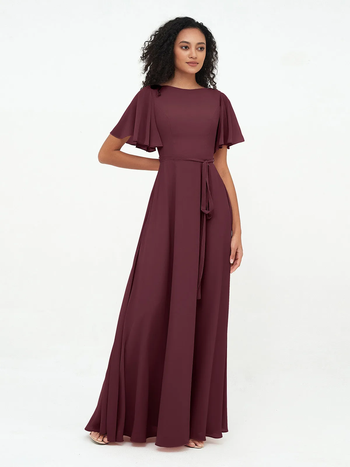 Flutter Sleeves Chiffon Max Dresses with Sash Bow-Cabernet