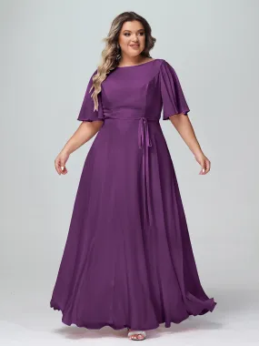 Flutter Sleeves Chiffon Max Dresses with Sash Bow-Grape Plus Size