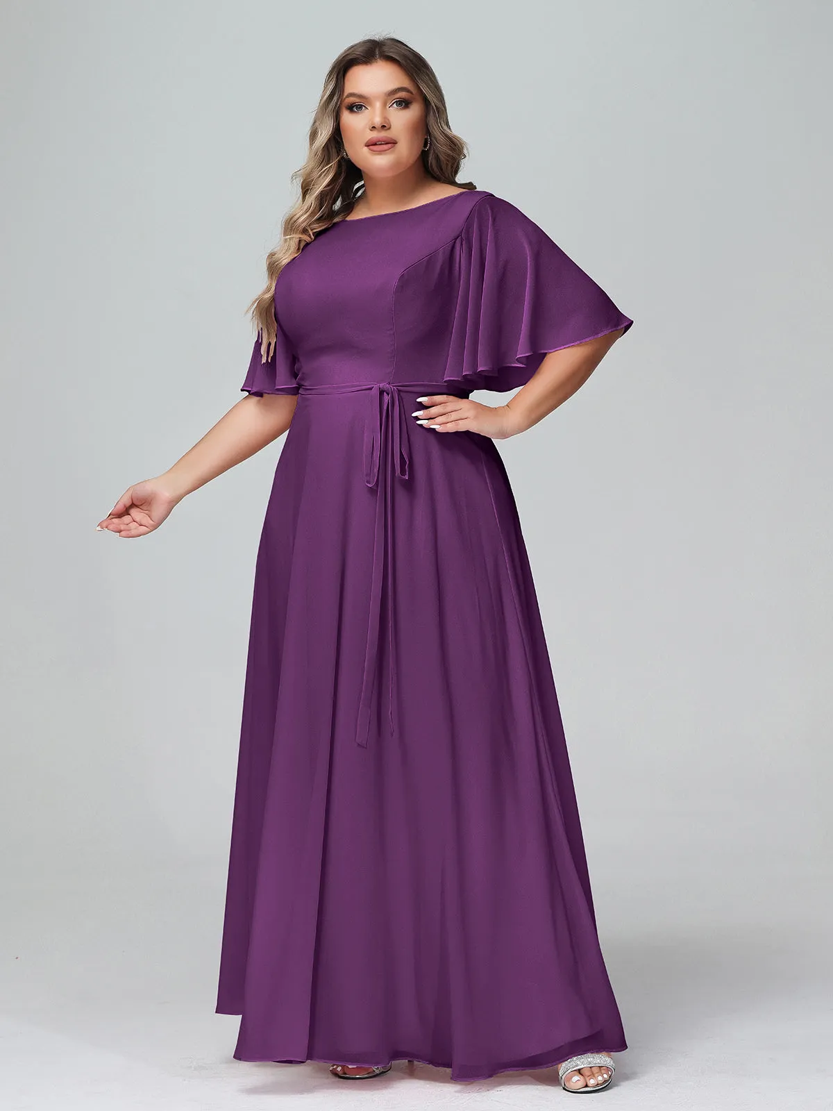 Flutter Sleeves Chiffon Max Dresses with Sash Bow-Grape Plus Size