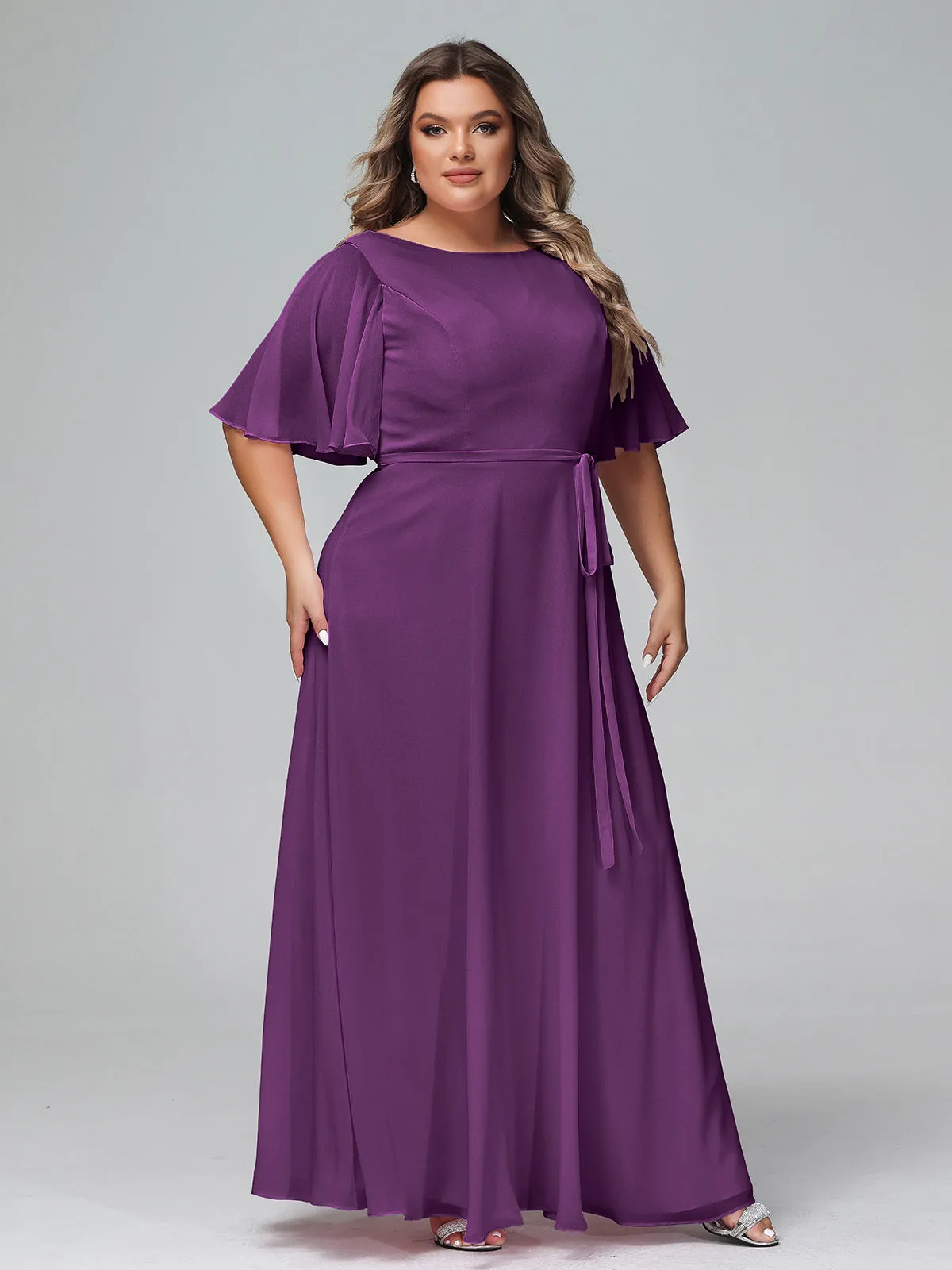 Flutter Sleeves Chiffon Max Dresses with Sash Bow-Grape Plus Size