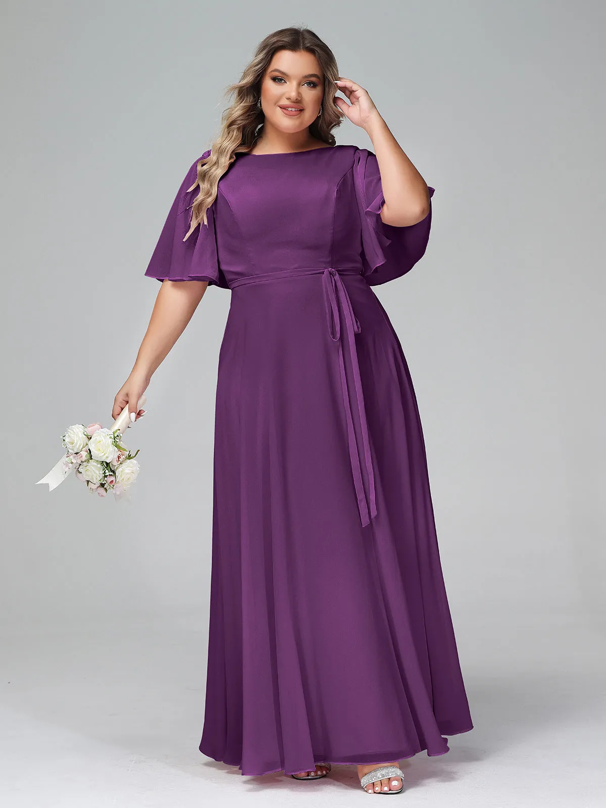 Flutter Sleeves Chiffon Max Dresses with Sash Bow-Grape Plus Size