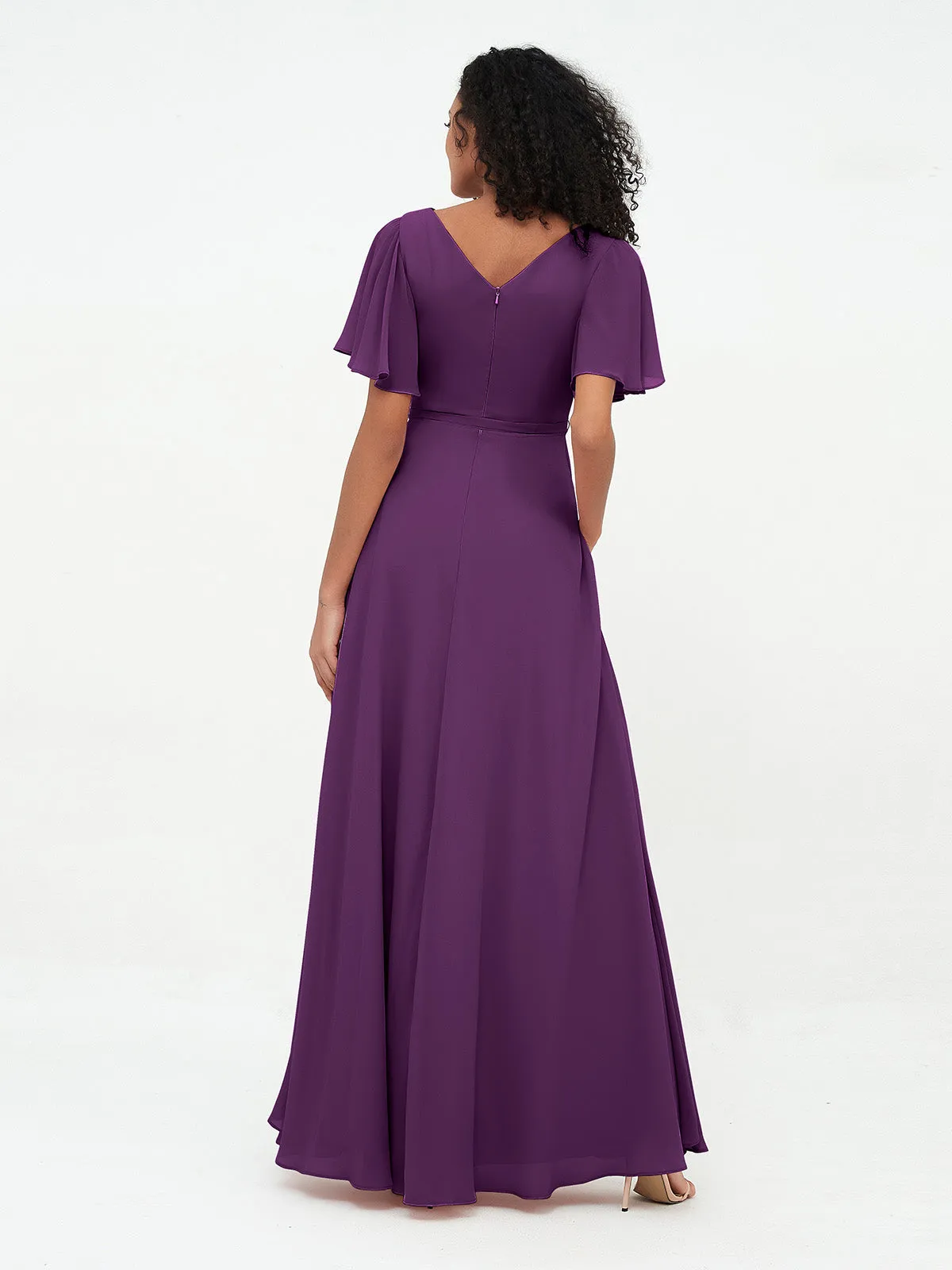 Flutter Sleeves Chiffon Max Dresses with Sash Bow-Grape