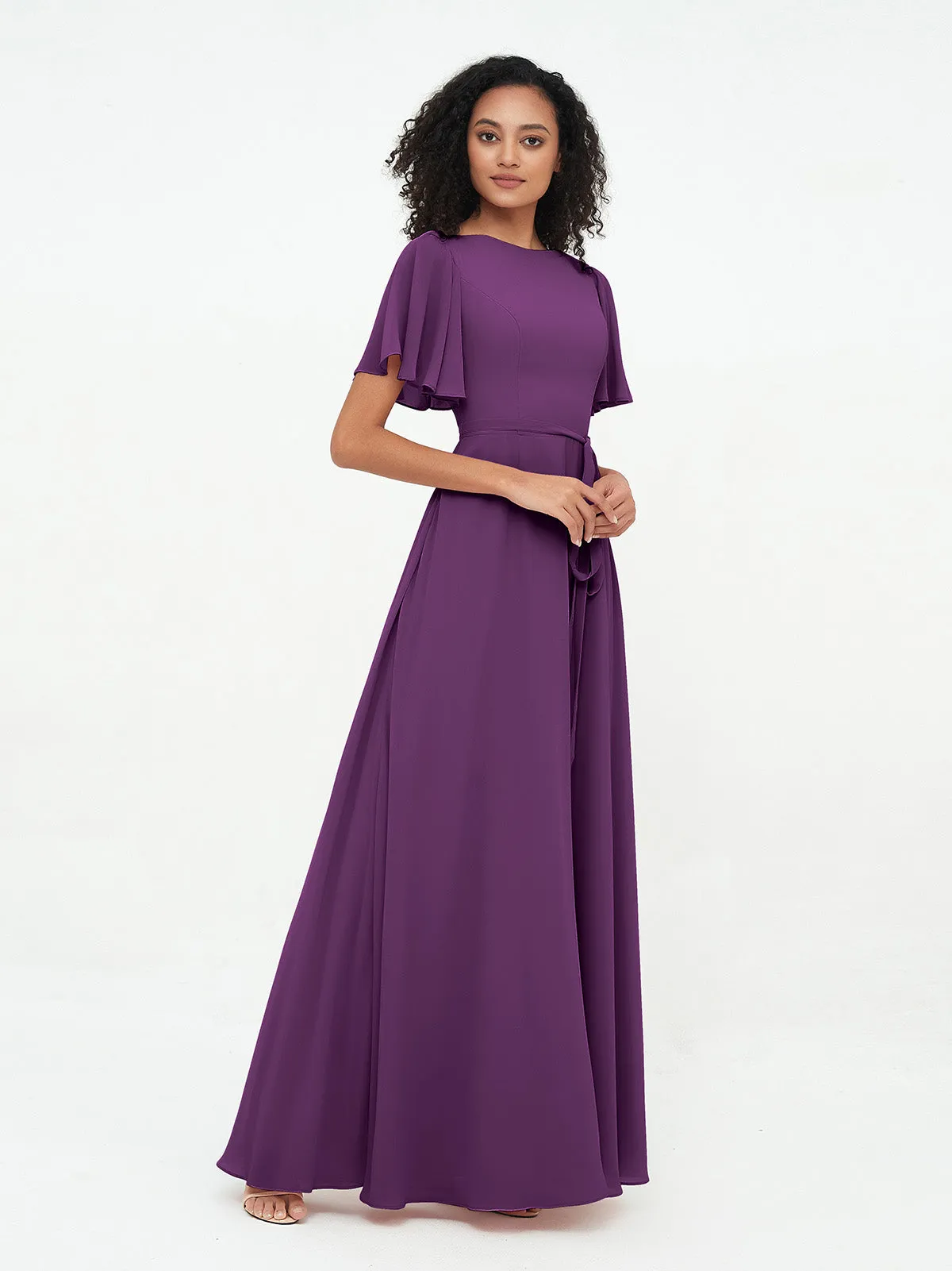 Flutter Sleeves Chiffon Max Dresses with Sash Bow-Grape