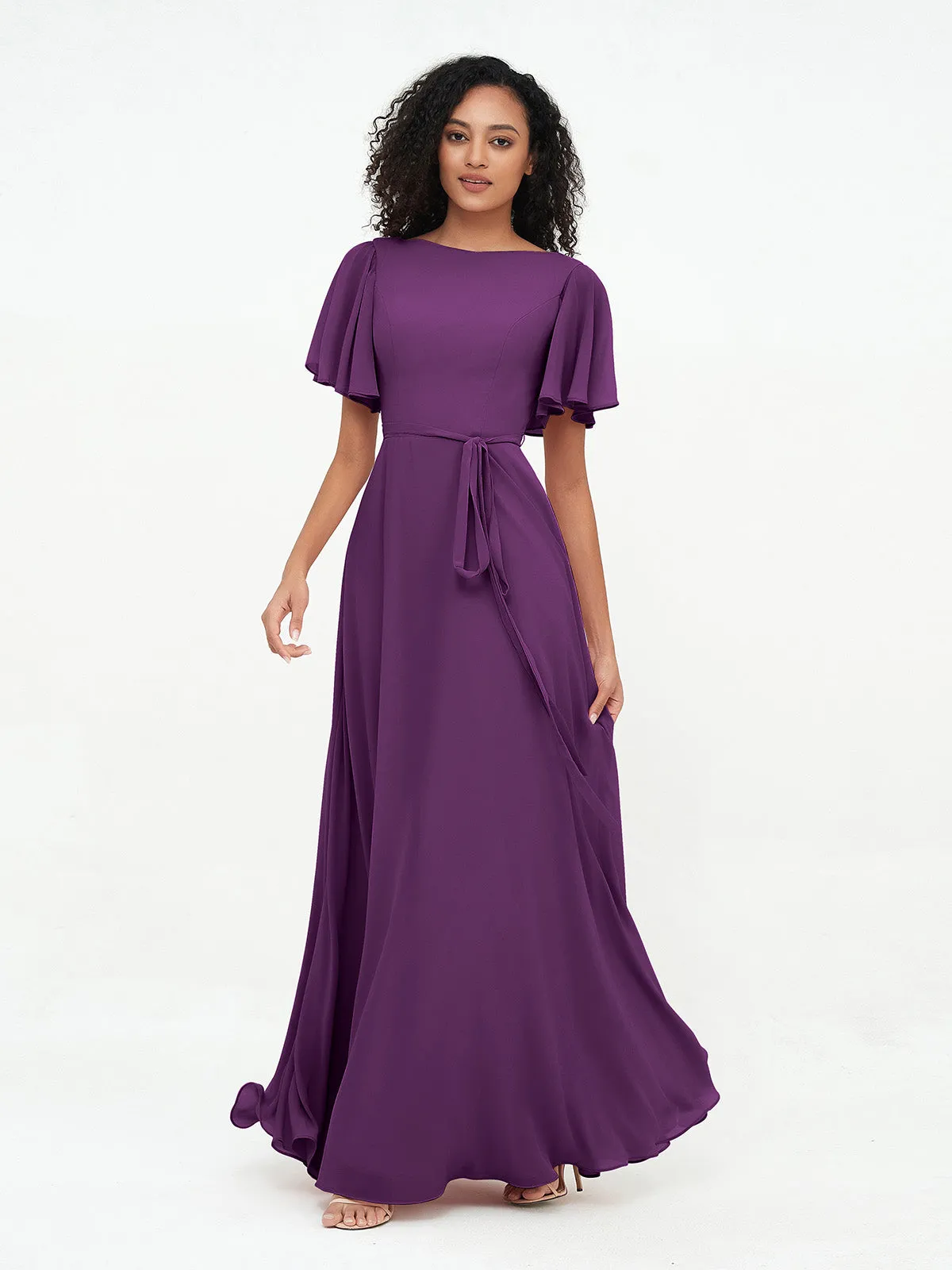 Flutter Sleeves Chiffon Max Dresses with Sash Bow-Grape