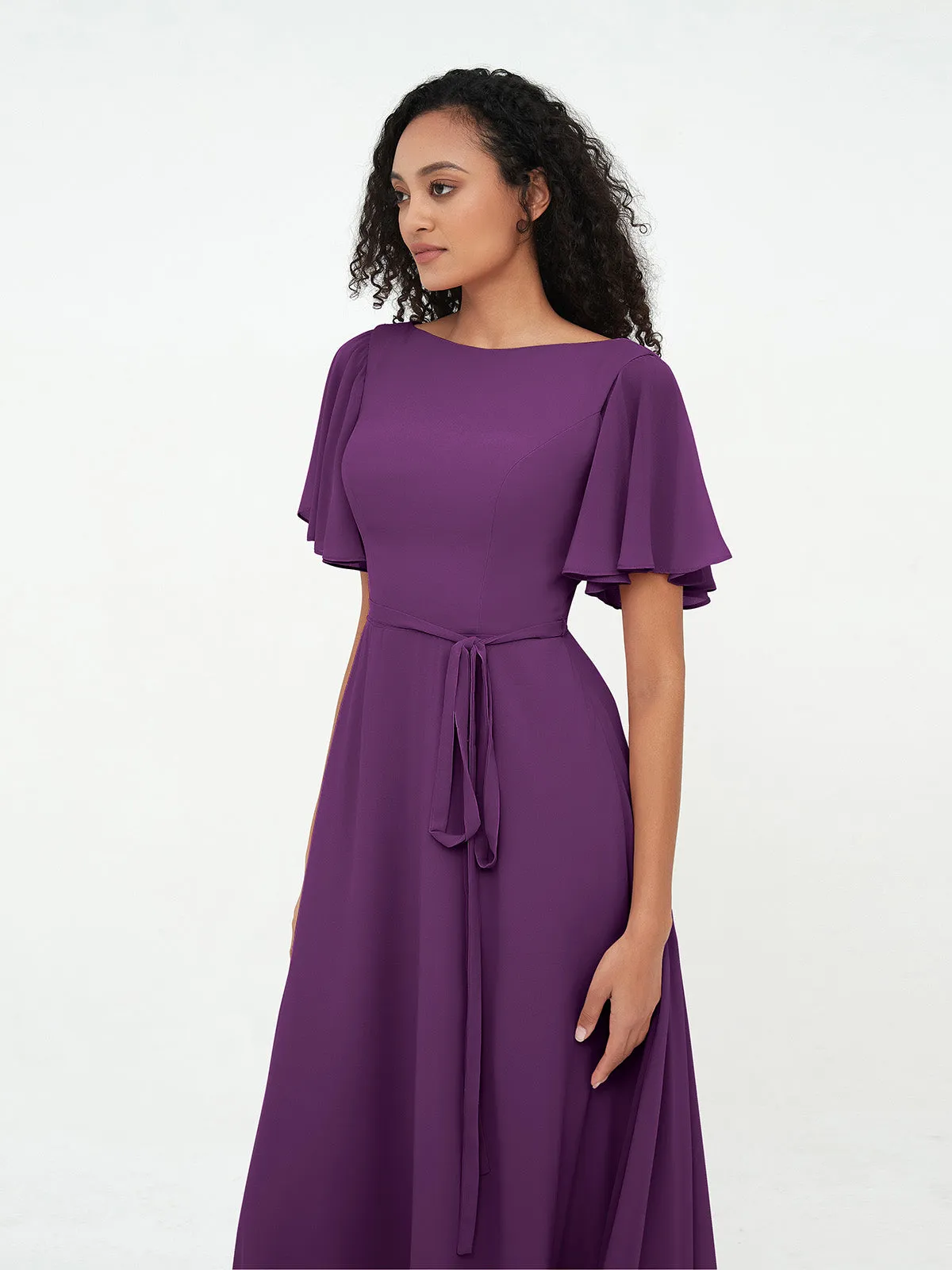 Flutter Sleeves Chiffon Max Dresses with Sash Bow-Grape