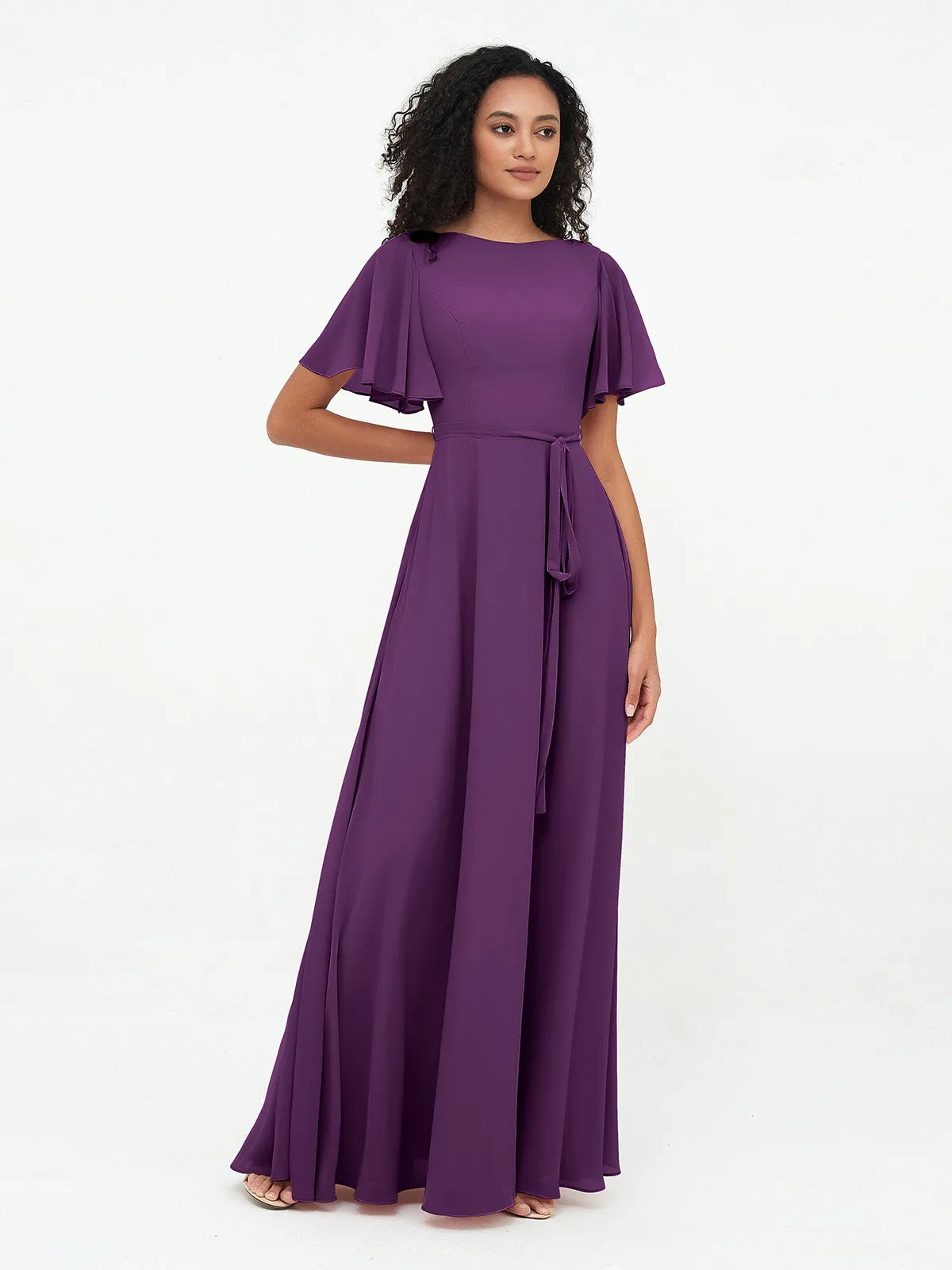 Flutter Sleeves Chiffon Max Dresses with Sash Bow-Grape