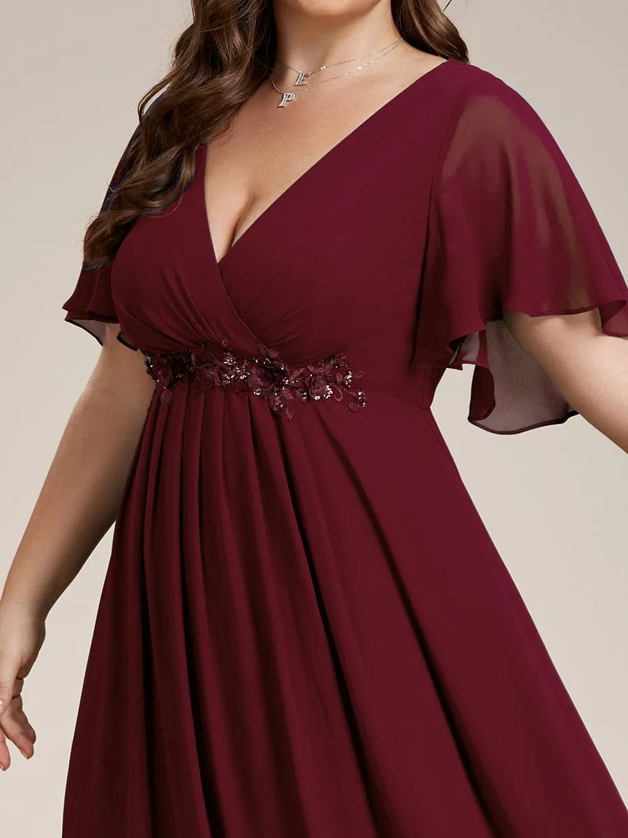 Gentle Iris | Plus Size Floral Applique Short Sleeve A-Line Chiffon Formal Evening Dress