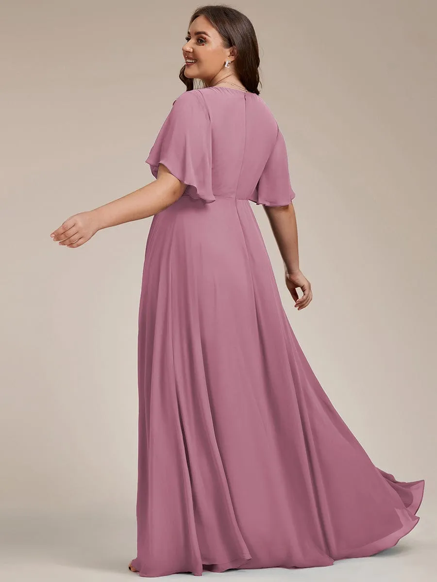 Gentle Iris | Plus Size Floral Applique Short Sleeve A-Line Chiffon Formal Evening Dress