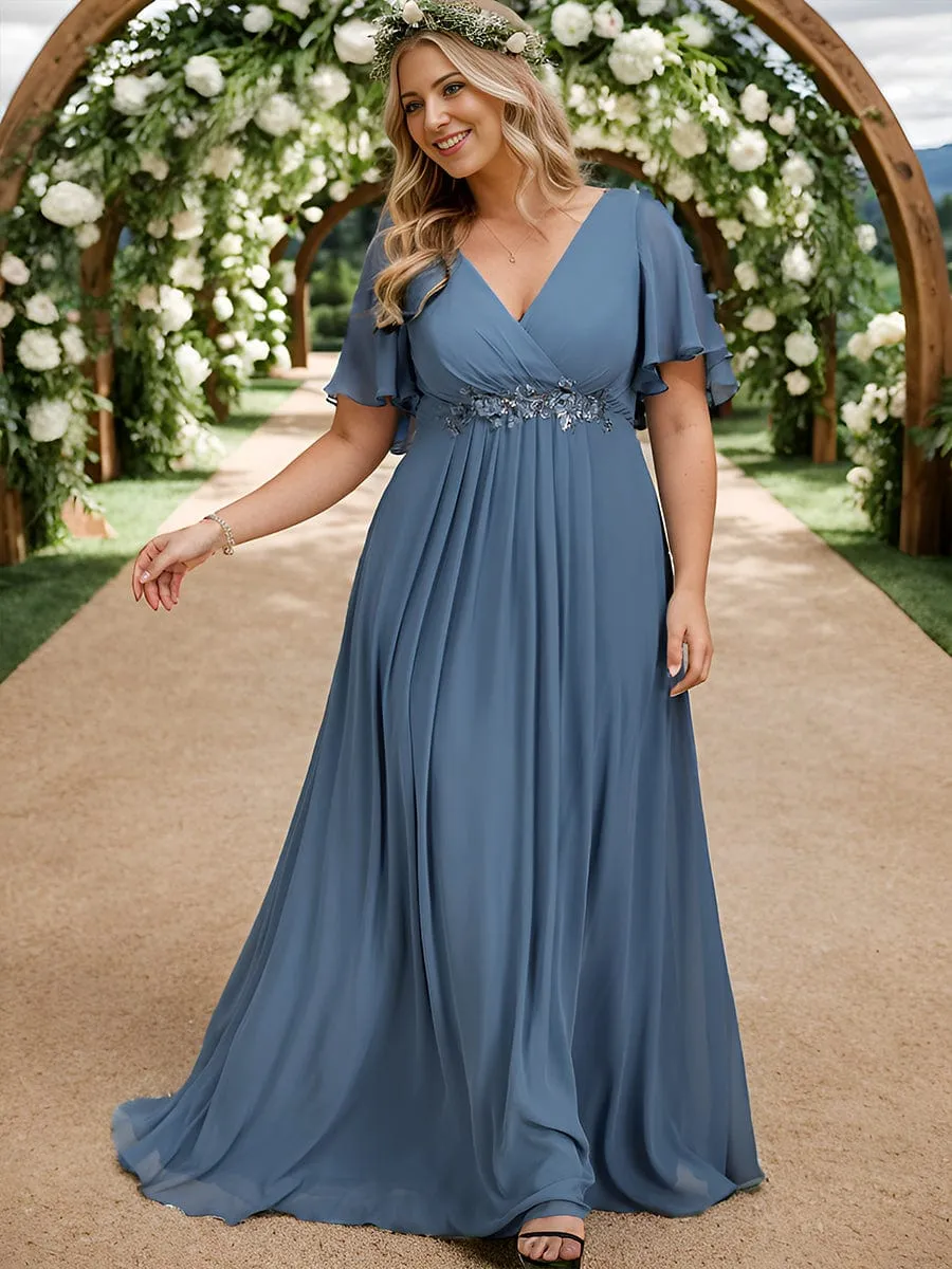 Gentle Iris | Plus Size Floral Applique Short Sleeve A-Line Chiffon Formal Evening Dress