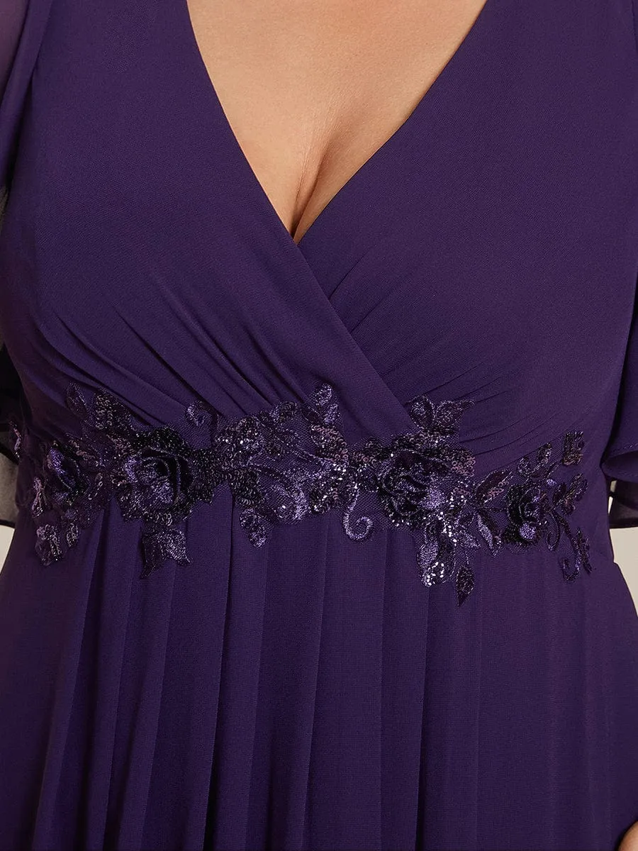 Gentle Iris | Plus Size Floral Applique Short Sleeve A-Line Chiffon Formal Evening Dress