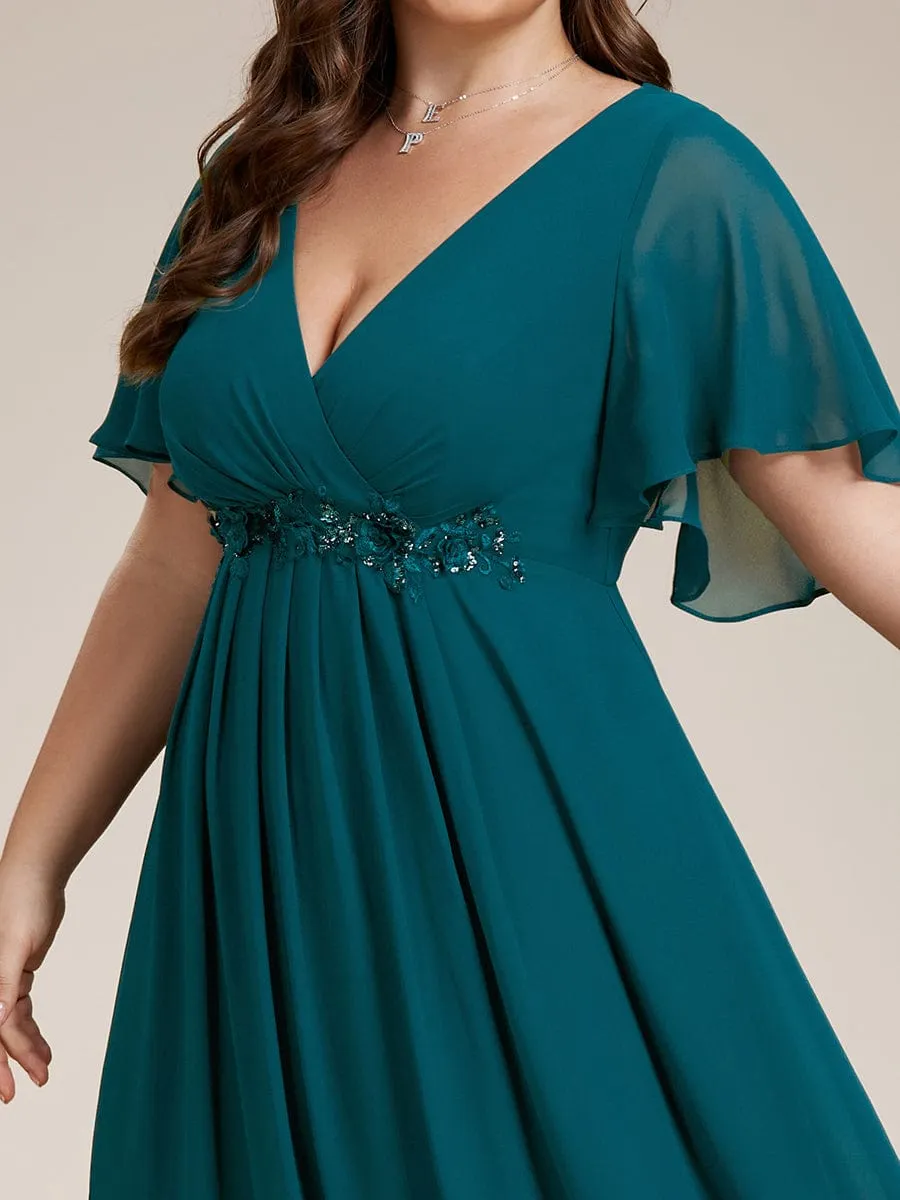 Gentle Iris | Plus Size Floral Applique Short Sleeve A-Line Chiffon Formal Evening Dress