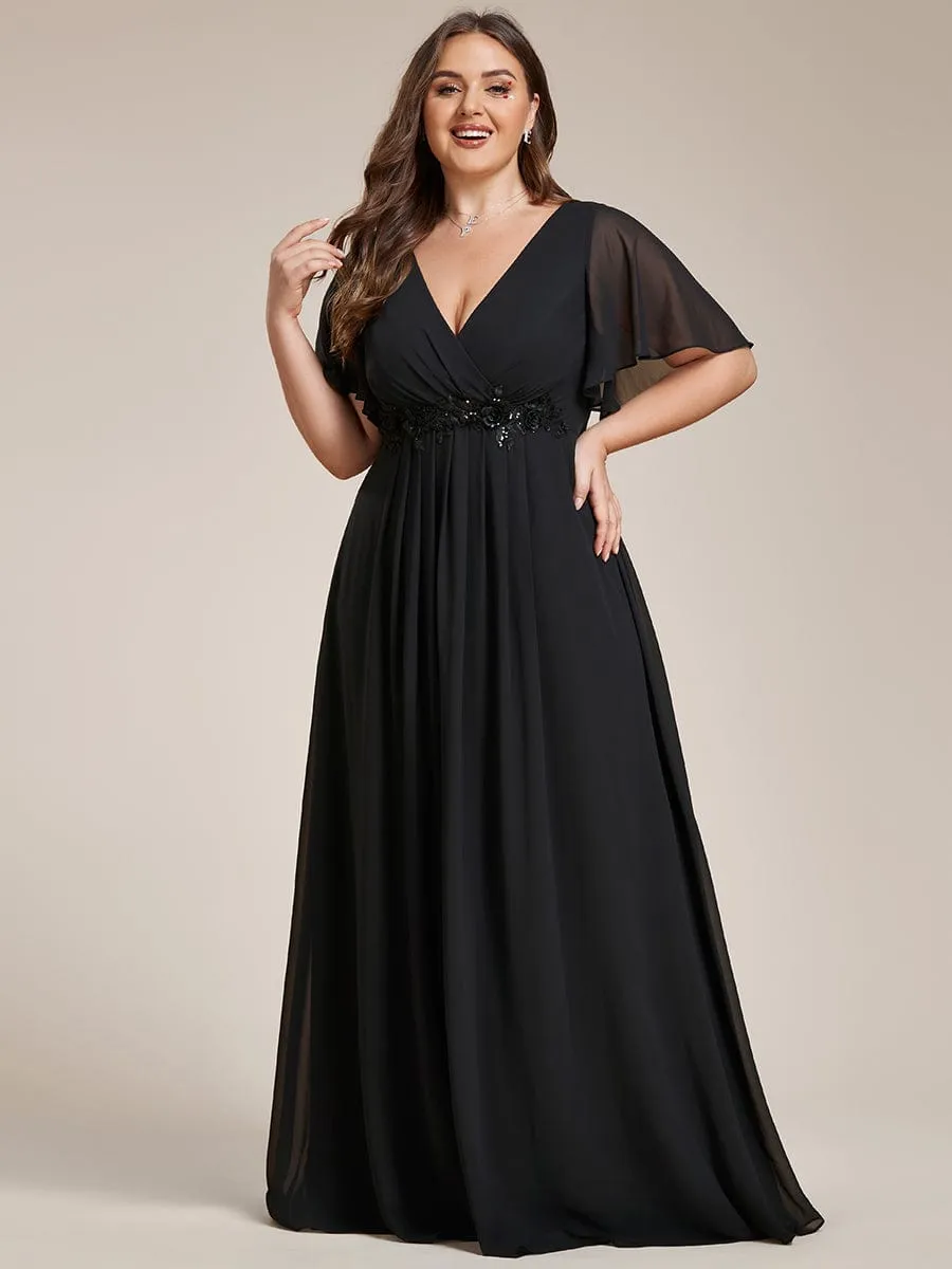 Gentle Iris | Plus Size Floral Applique Short Sleeve A-Line Chiffon Formal Evening Dress