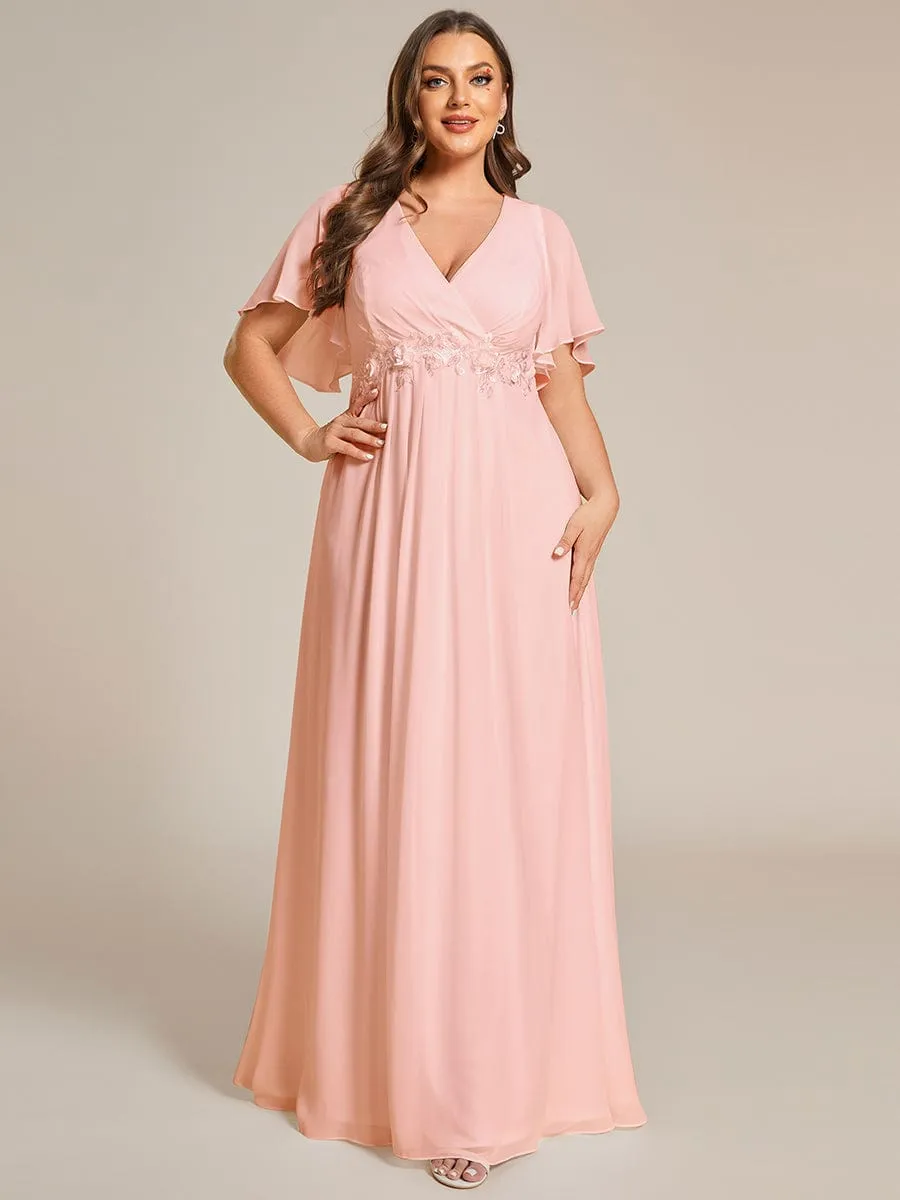 Gentle Iris | Plus Size Floral Applique Short Sleeve A-Line Chiffon Formal Evening Dress