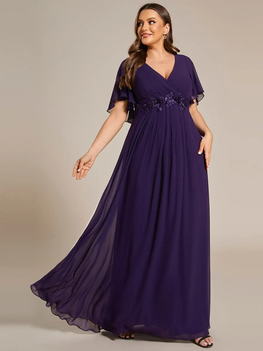 Gentle Iris | Plus Size Floral Applique Short Sleeve A-Line Chiffon Formal Evening Dress