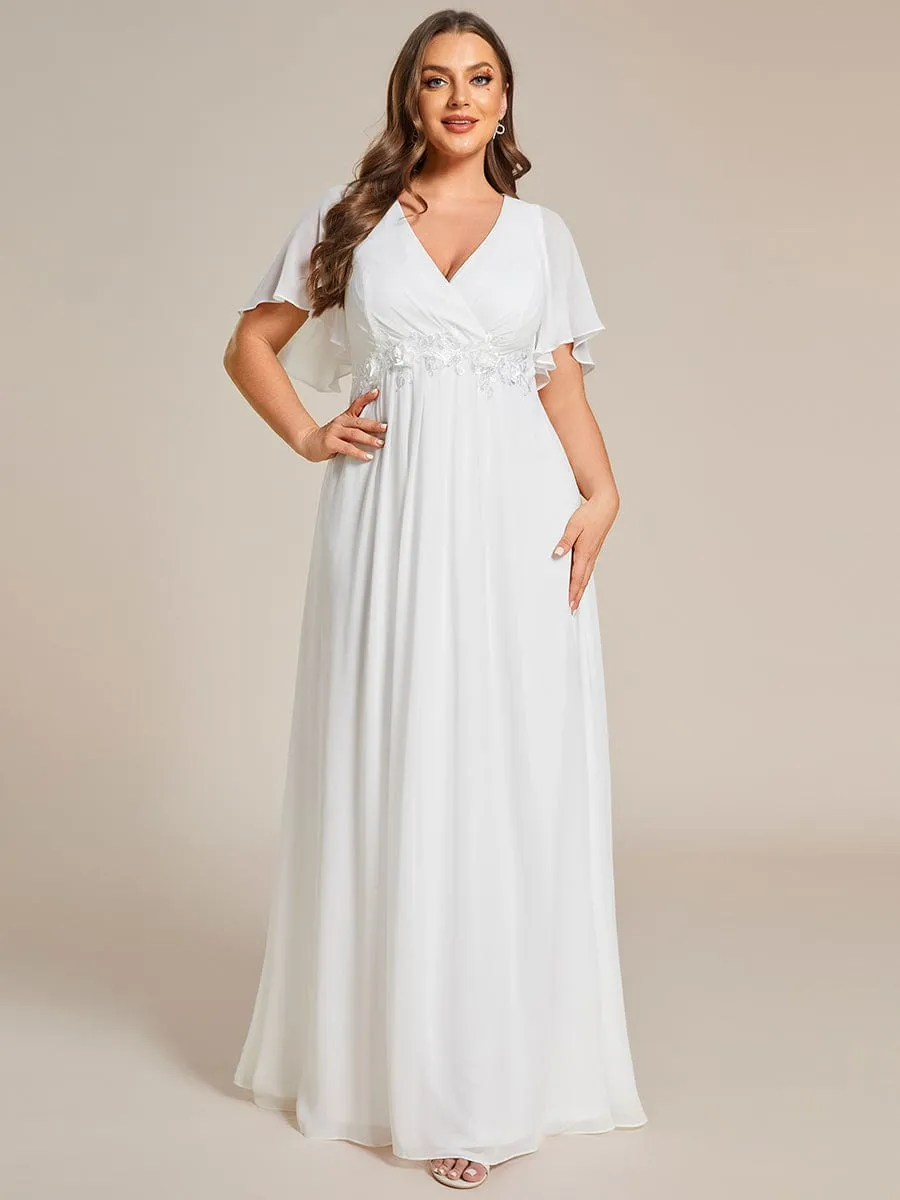 Gentle Iris | Plus Size Floral Applique Short Sleeve A-Line Chiffon Formal Evening Dress