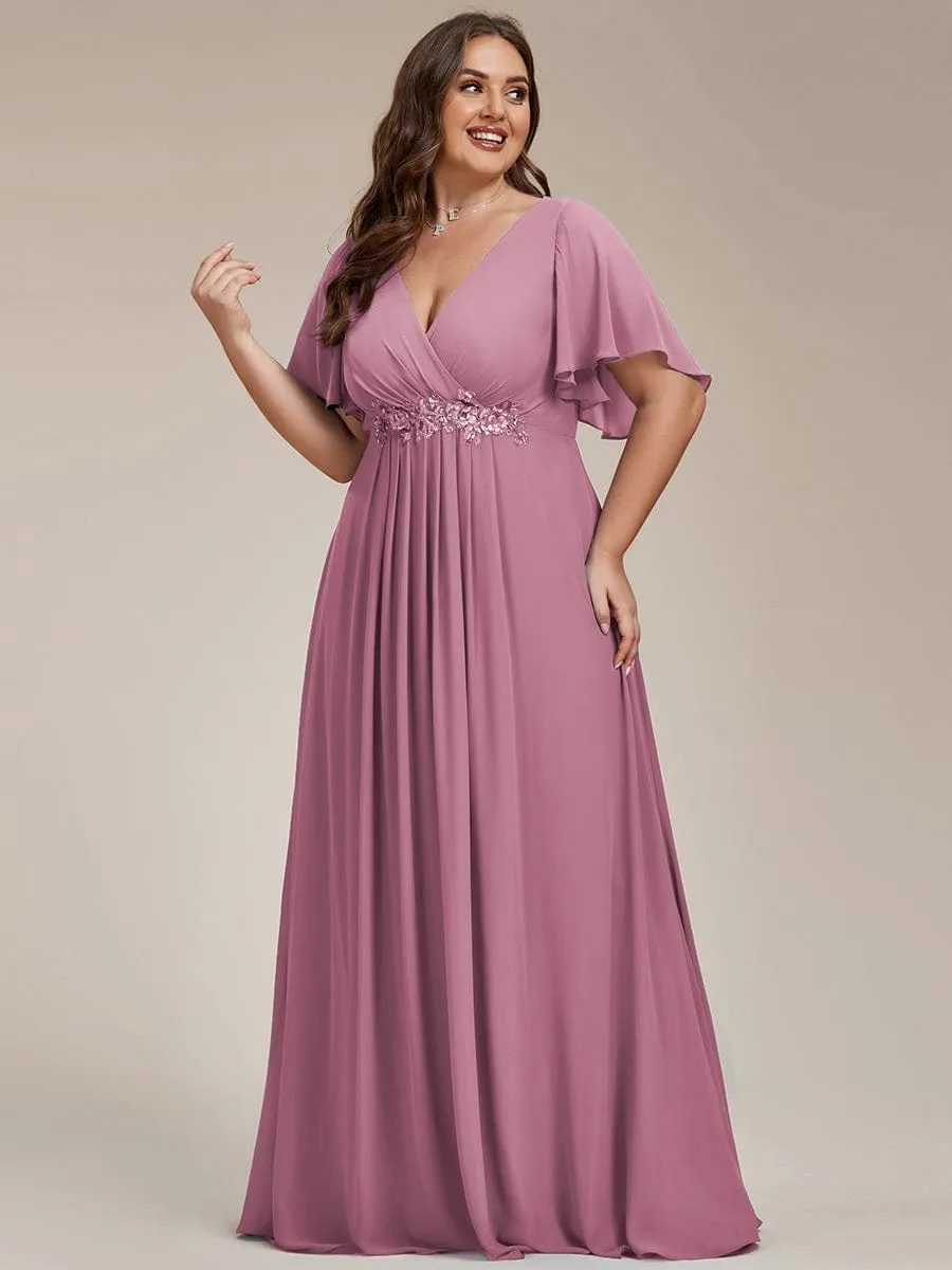 Gentle Iris | Plus Size Floral Applique Short Sleeve A-Line Chiffon Formal Evening Dress