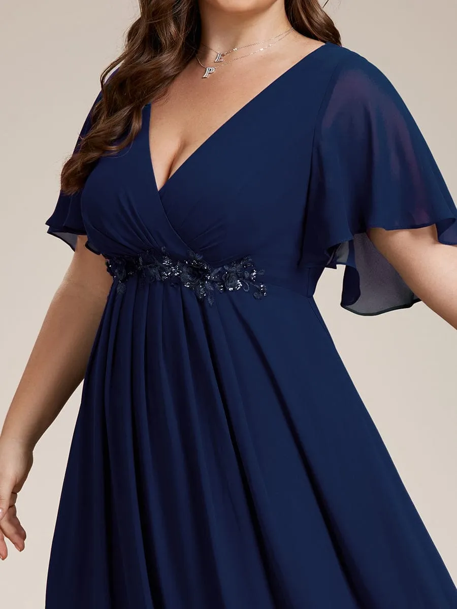 Gentle Iris | Plus Size Floral Applique Short Sleeve A-Line Chiffon Formal Evening Dress