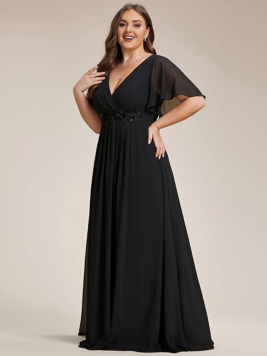 Gentle Iris | Plus Size Floral Applique Short Sleeve A-Line Chiffon Formal Evening Dress