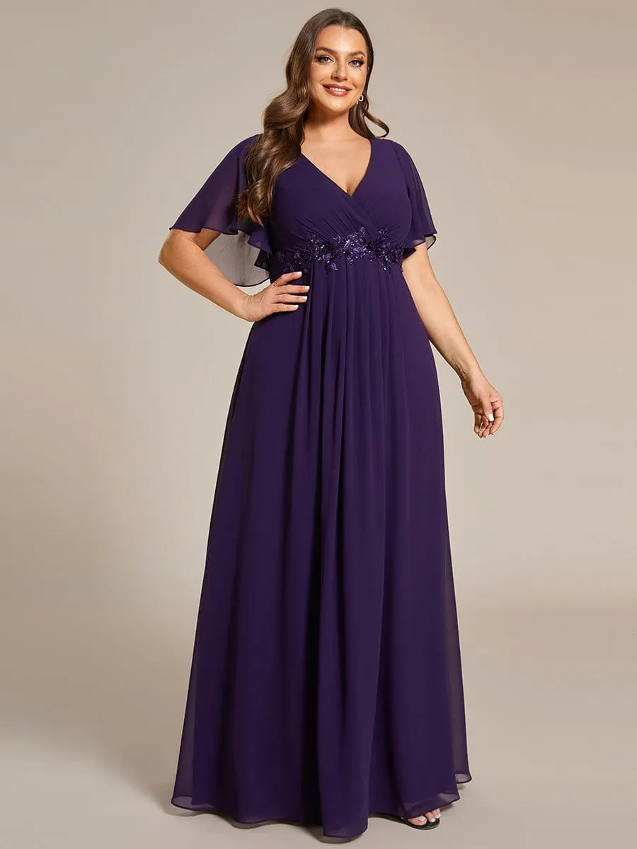 Gentle Iris | Plus Size Floral Applique Short Sleeve A-Line Chiffon Formal Evening Dress