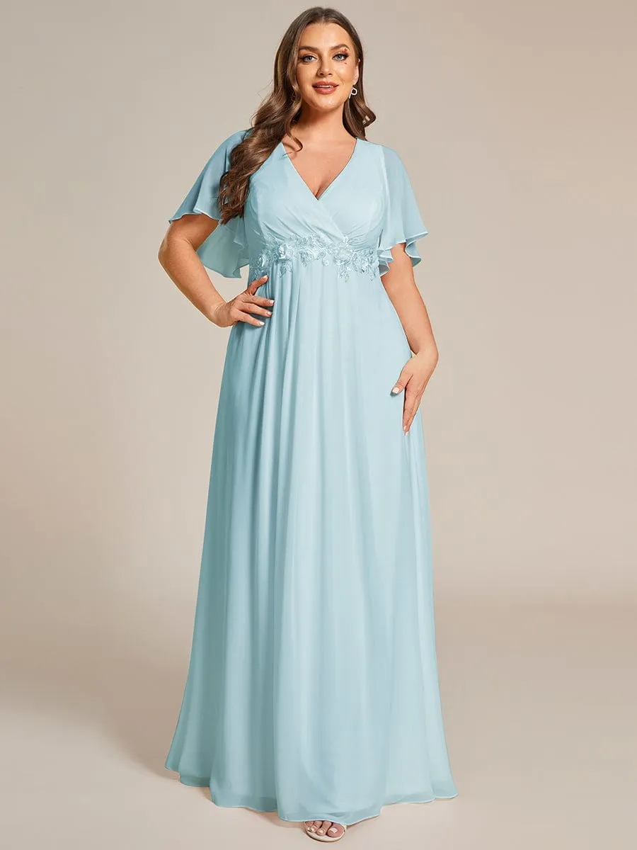 Gentle Iris | Plus Size Floral Applique Short Sleeve A-Line Chiffon Formal Evening Dress