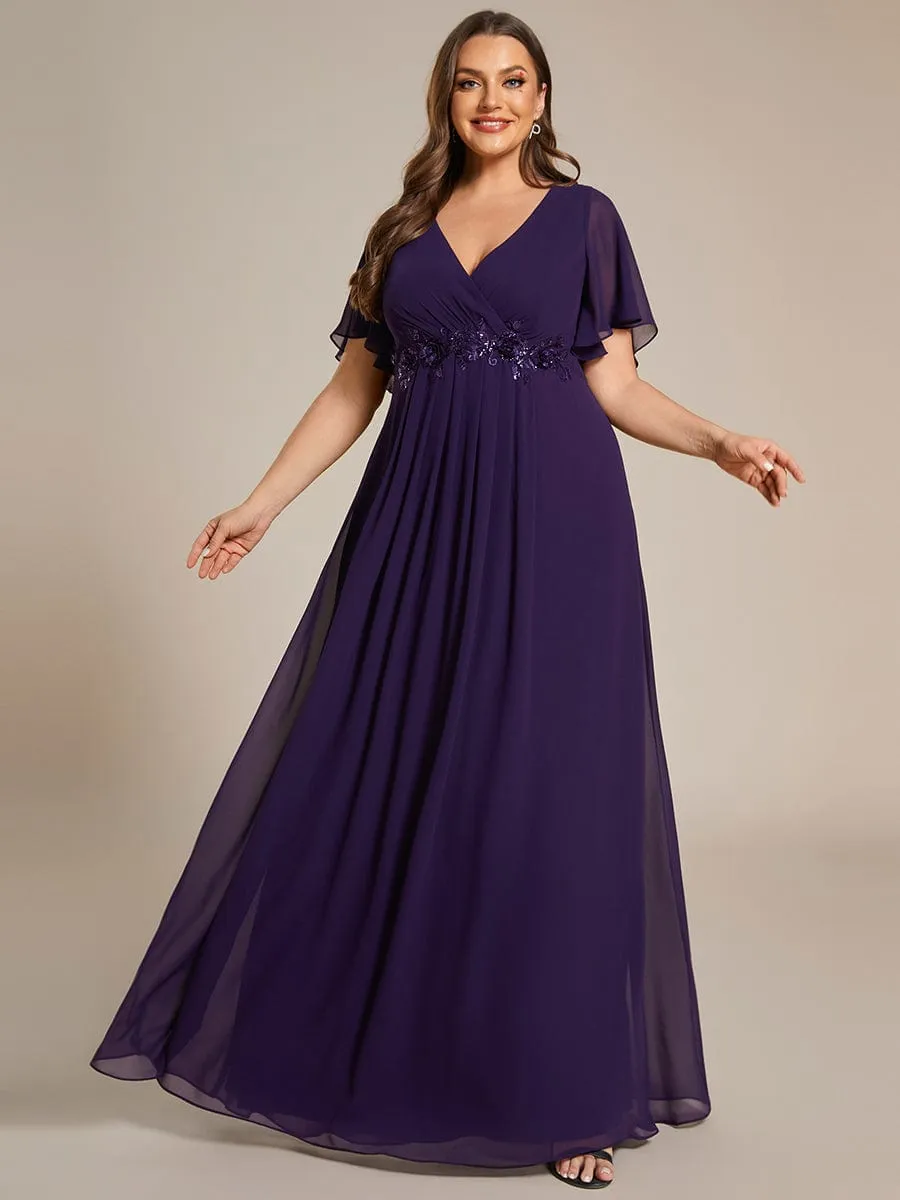 Gentle Iris | Plus Size Floral Applique Short Sleeve A-Line Chiffon Formal Evening Dress