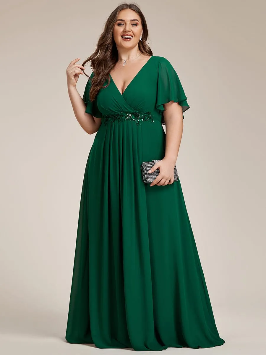 Gentle Iris | Plus Size Floral Applique Short Sleeve A-Line Chiffon Formal Evening Dress