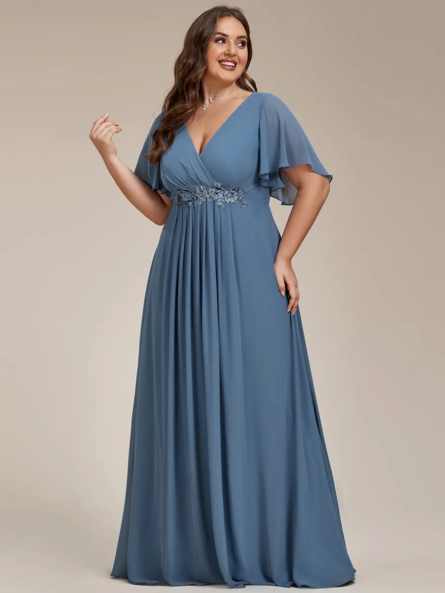 Gentle Iris | Plus Size Floral Applique Short Sleeve A-Line Chiffon Formal Evening Dress