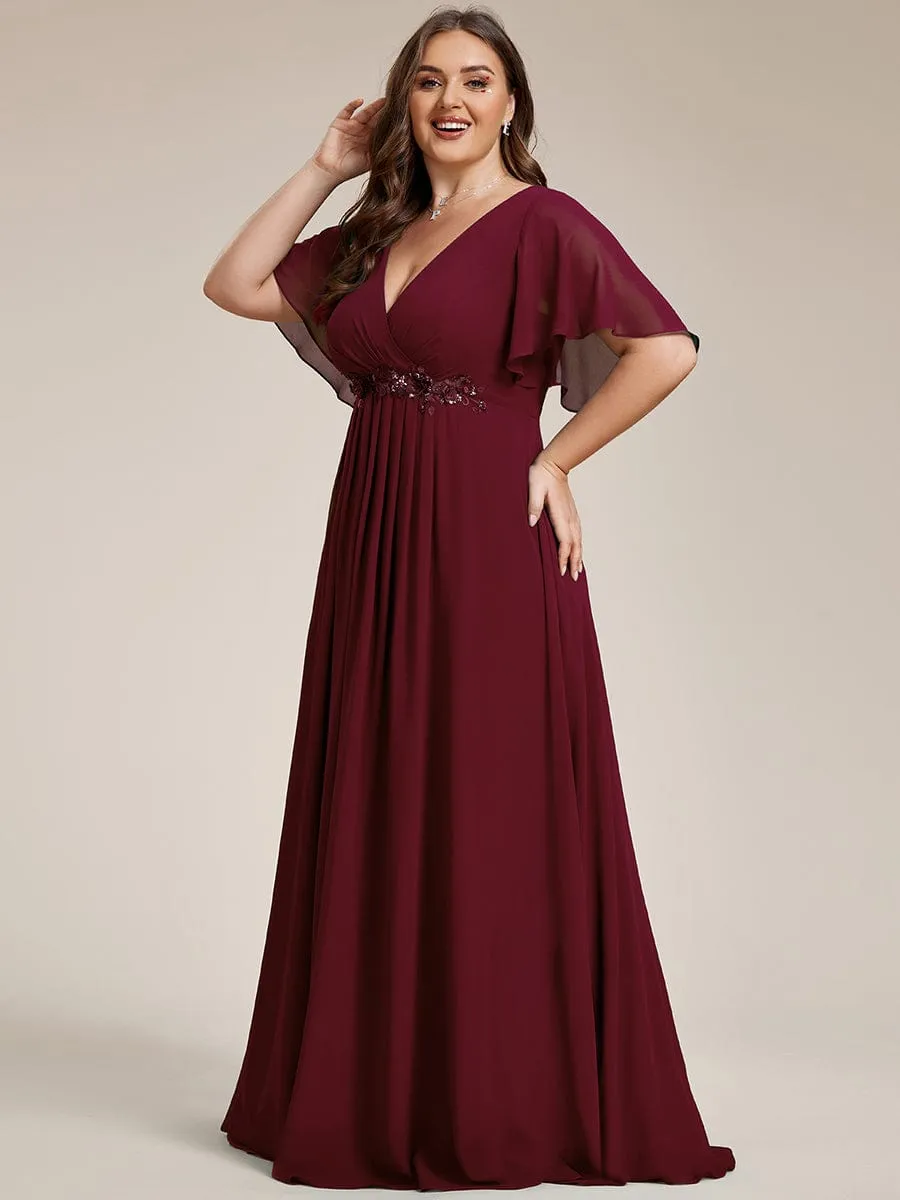 Gentle Iris | Plus Size Floral Applique Short Sleeve A-Line Chiffon Formal Evening Dress