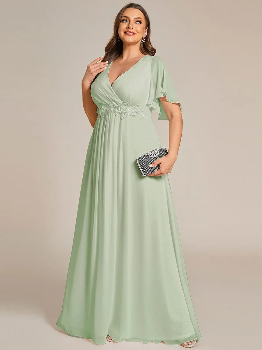 Gentle Iris | Plus Size Floral Applique Short Sleeve A-Line Chiffon Formal Evening Dress