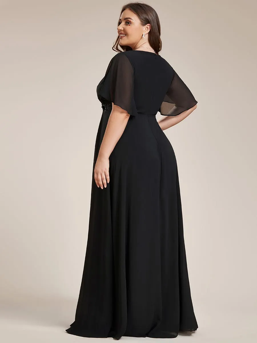 Gentle Iris | Plus Size Floral Applique Short Sleeve A-Line Chiffon Formal Evening Dress